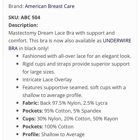 ABC American Breast Care Dream Lace Wire Free Bra 42B Black Mastectomy #504 NEW - Picture 2 of 10